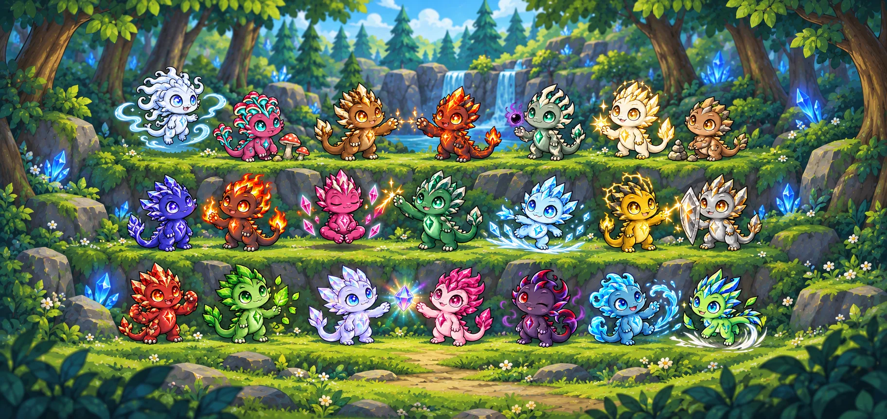 All 14 Aetherlings gathered in a woodland clearing: Air, Dark Arts, Divine, Earth, Fire, Fungal, Ice, Raw Aether, Umbra, Water, Nature, Lightning, Prism, and Metal.