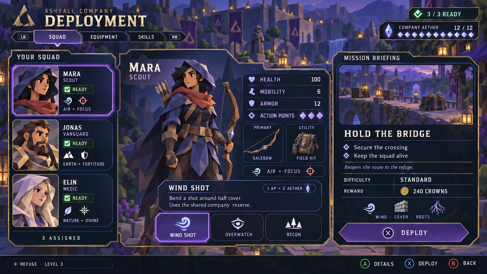 Concept art for Ashfall Company's deployment menu, with squad portraits, equipment and a mission briefing.