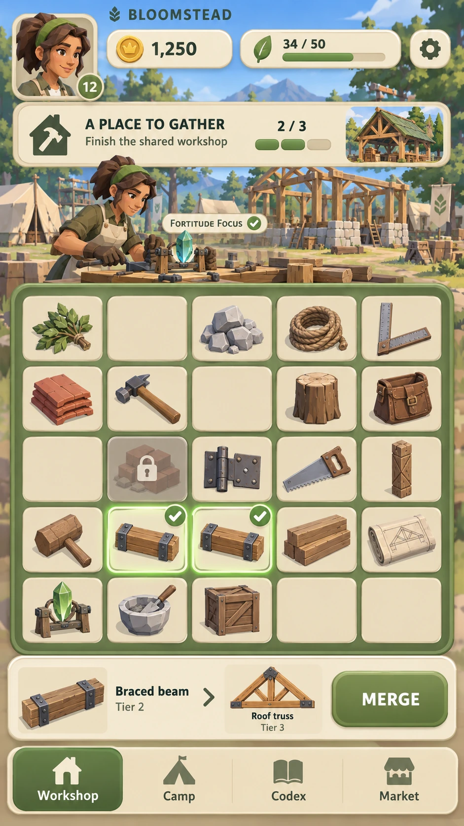 Portrait concept art for Bloomstead's workshop HUD, with resources, a merge grid and workshop navigation.