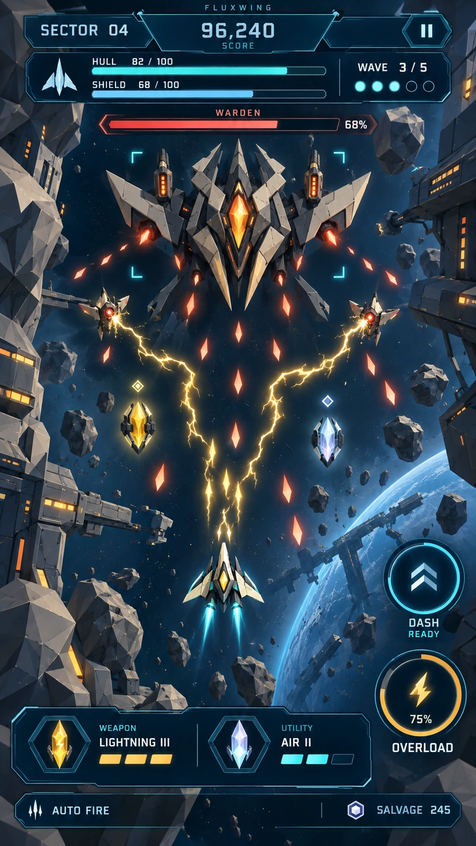 Portrait concept art for Fluxwing's space combat HUD, with hull and shield meters, boss health and ability controls.