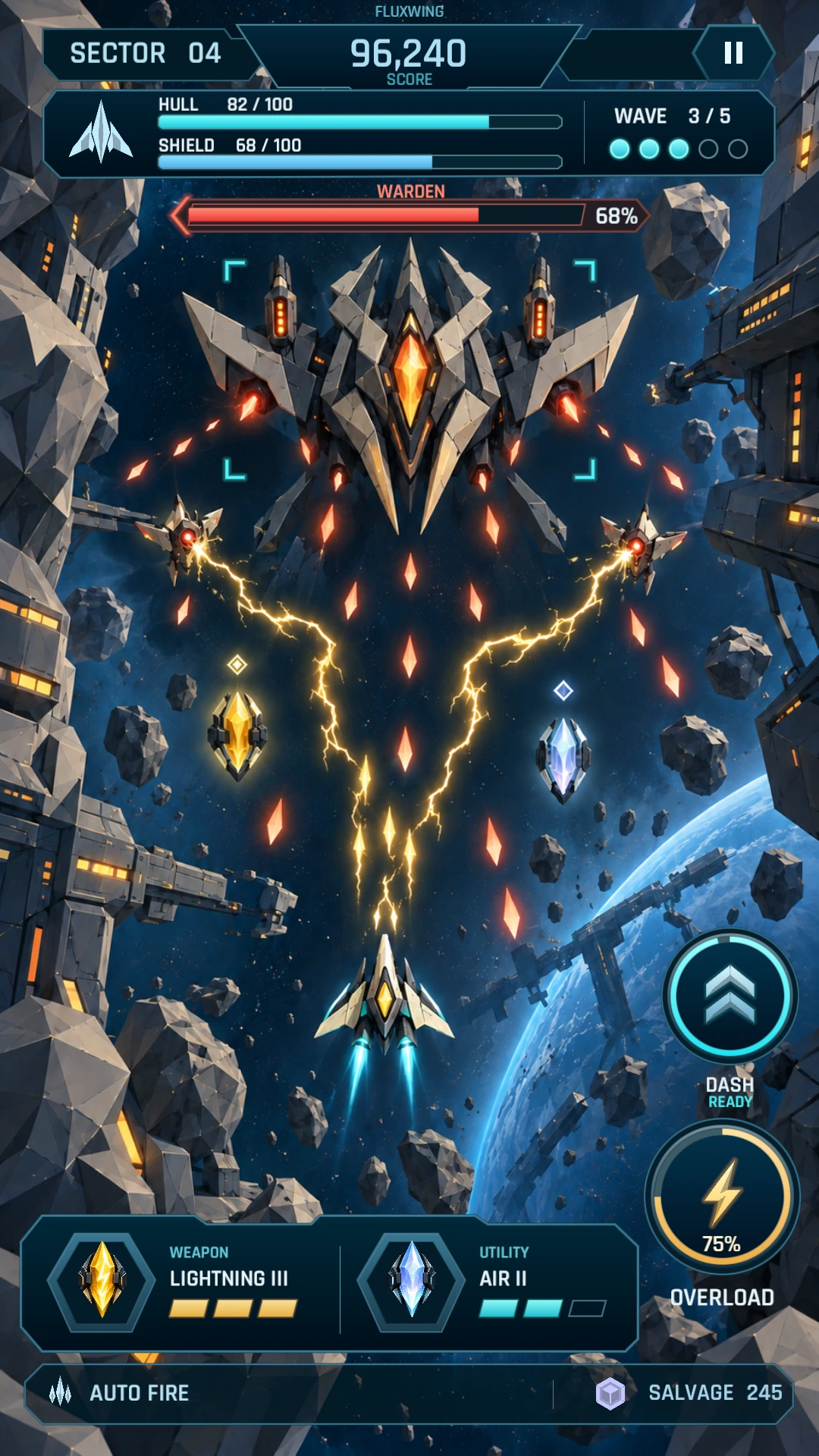 The portrait Fluxwing combat HUD recreated in Unity with Procedural UI.